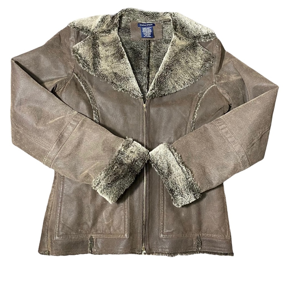 BOSTON PROPER BomberJacket Faux Fur Chocolate Brown Leather Womens 2
